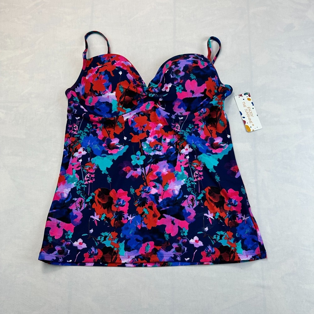 Enjoy The Sunshine Tankini Top Womens 2XL Navy Floral Swimwear Adjustable Strap